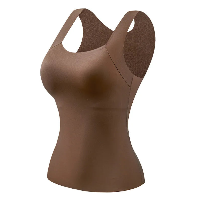 Women’s Plus Size Thermal Vest with Built-In Bra - Seamless Square Neck Skin-Friendly Shaping Tank Top