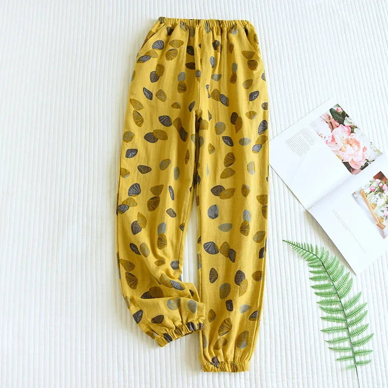 2025 Spring Summer Women's Pajama Pants – 100% Cotton Crepe Loose Fit Leaf Print Home Wear Bottoms