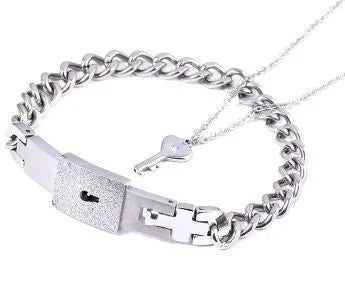 Couple Stainless Steel Love Lock Bracelet with Key Pendant Necklace – Romantic Jewelry Gift for Men and Women