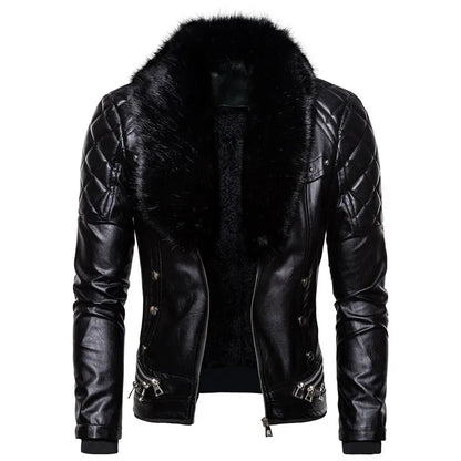 Men's Winter Fleece Motorcycle Jacket - Fur Collar Slim Fit Warm PU Leather Biker Bomber Coat