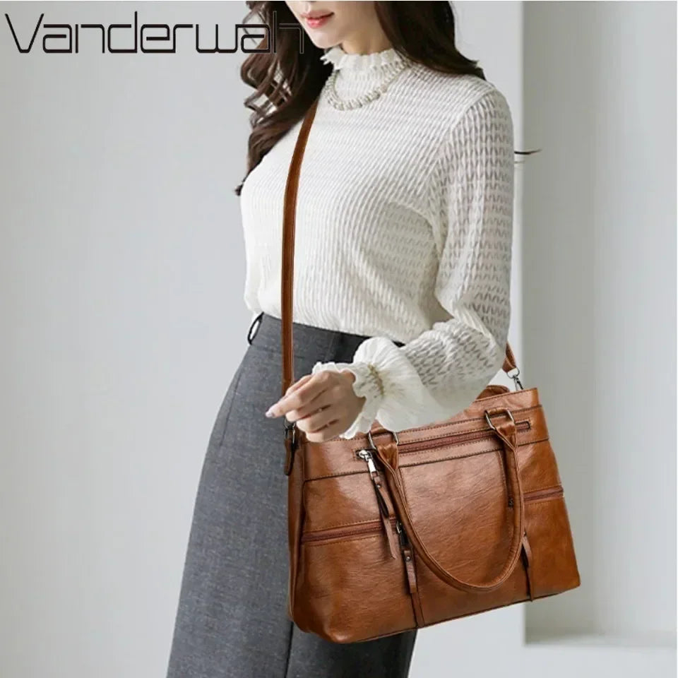 Women's Leather Handbag - Elegant Top-Handle Shoulder Crossbody Bag with Large Casual Tote Design