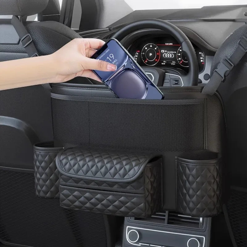 Car Seat Middle Hanger Storage Bag – Luxury Auto Handbag Holder, Tissue Pockets, and Seat Organization Bag