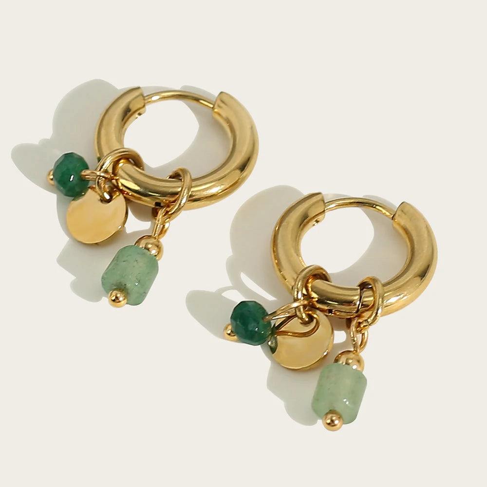 YACHAN 18K Gold-Plated Stainless Steel Hoop Earrings — Vintage Green Stone Charms, Trendy Waterproof Jewelry for Women