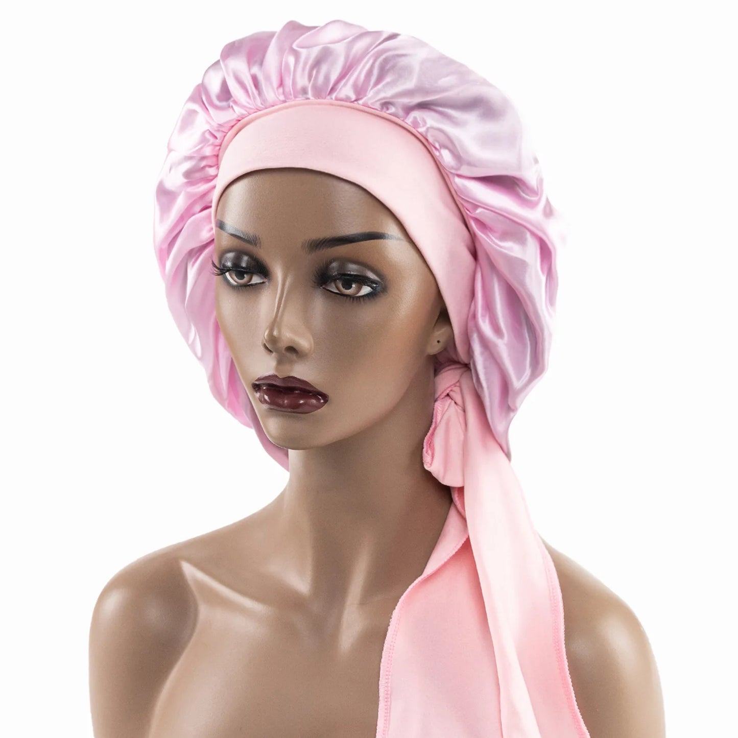 Satin Nightcap for Women - Wide Stretch, Extra-Large Long Tail, Shower Cap with Ribbon, Round Hat Hair Bonnet