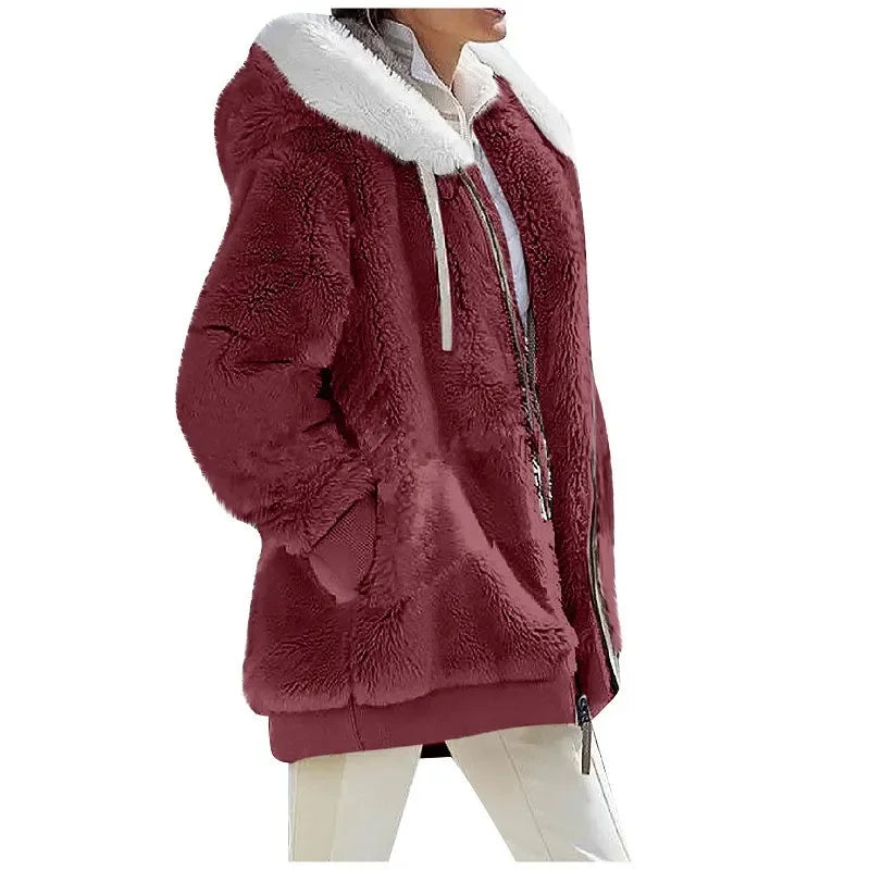 Autumn Winter Women's Hooded Coat – Casual Zipper Cashmere Fleece Jacket Solid Color Ladies Outerwear