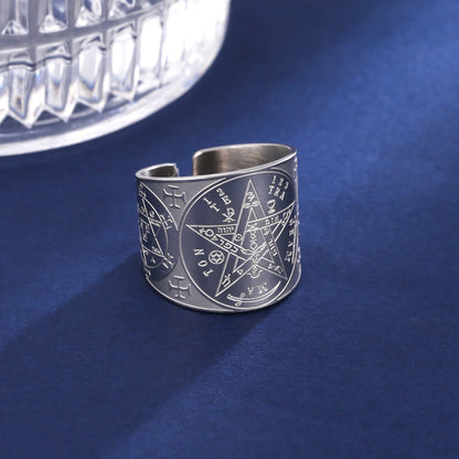 Witchcraft Pentagram Tetragrammaton Ring - Stainless Steel Pentacle Protection Amulet Ring for Men