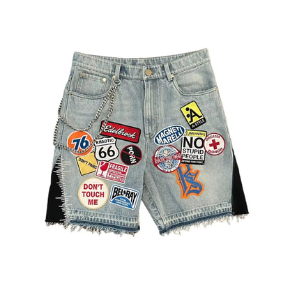 Unisex Y2K Rock Hip Hop Patchwork Denim Shorts – Retro Blue Baggy Cartoon Pattern Casual & Basketball Fitness Shorts