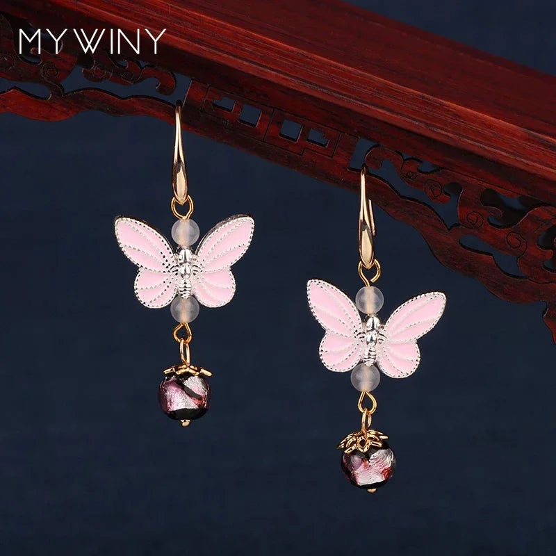 Vintage Flower Drop Earrings - Natural Stone Ethnic Jewelry for Women