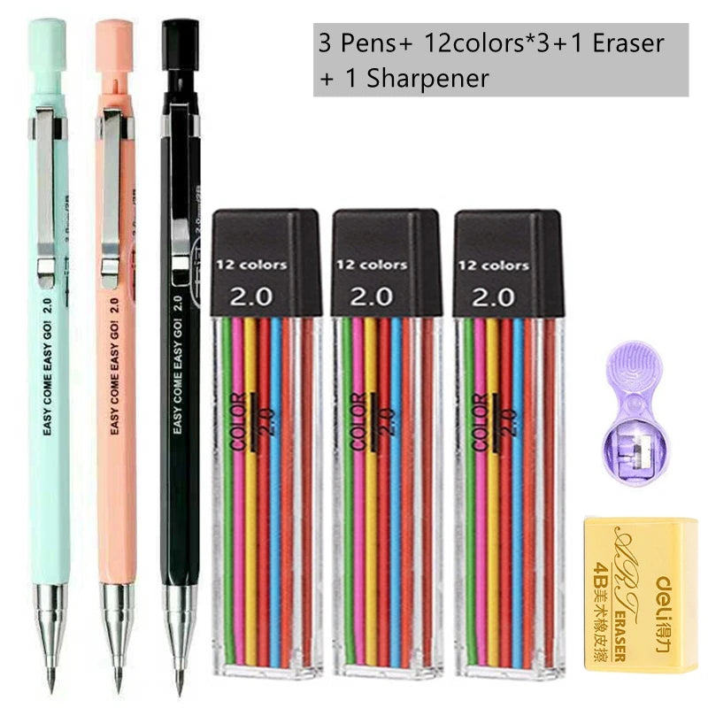 Mechanical Pencil Set 2.0mm – Automatic Pencil with 2B Black & Colored Lead Refills for Writing, Sketching, & Art Drawing