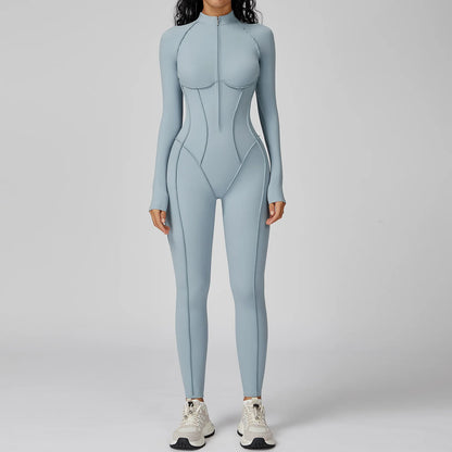 Women’s Long Sleeve Yoga Bodysuit Jumpsuit – Zip-Up Gym Tracksuit One-Piece Fitness Outfit for High-Intensity Workout & Training