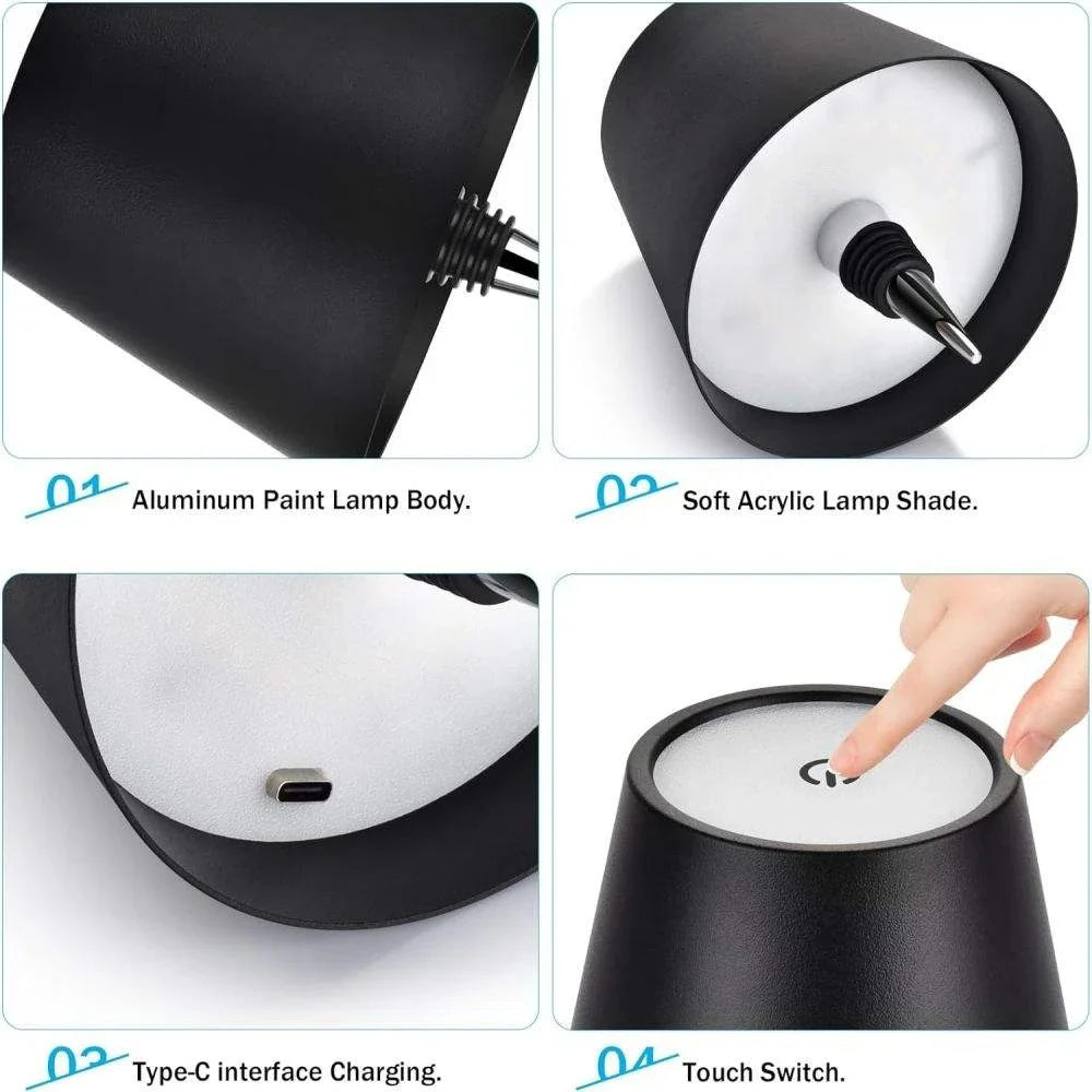 USB Rechargeable Bottle Table Lamp – Touch Control Night Light with 3-Color Stepless Dimming for Bar & Desk