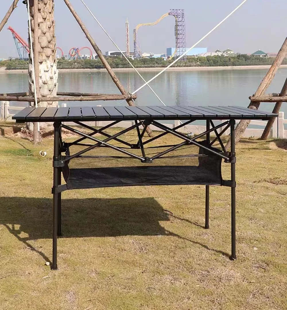 Outdoor Folding Long Table – Portable Black Camping Desk with Net Bag, Easy Setup & Stable for BBQs