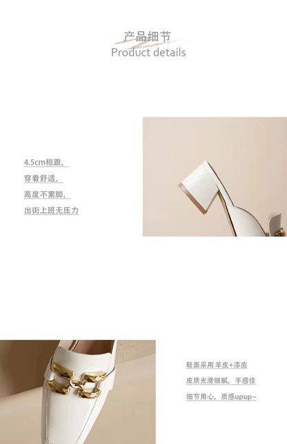 Fashion Women’s Half Slippers — Outdoor Med-Heeled Slides with Toe Chain Decoration, Luxury Square Heel Sandals 2023
