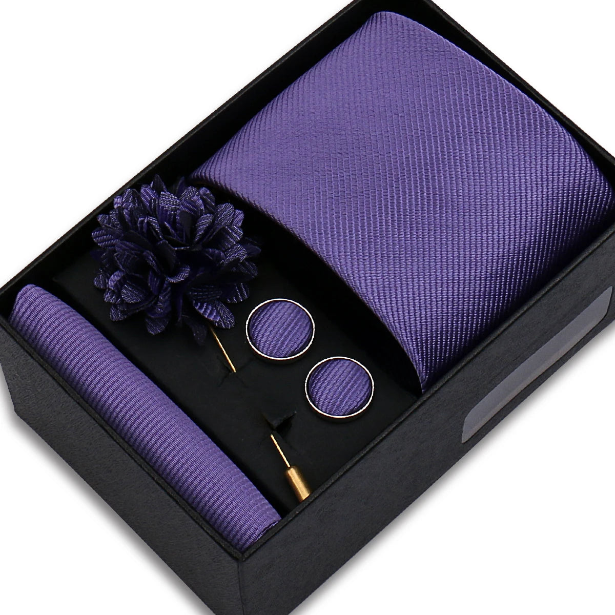 Men's Solid Color Tie Set - Jacquard Necktie, Hanky, Cufflinks & Brooch Gift Box for Weddings