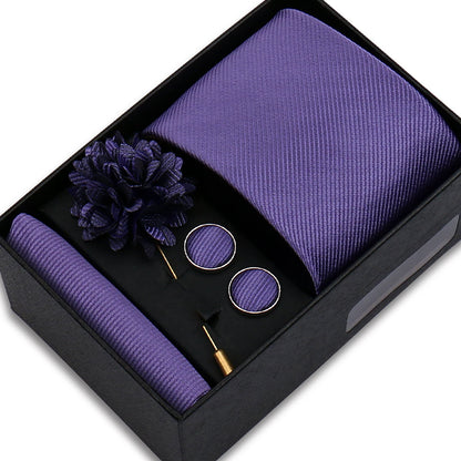 Men's Solid Color Tie Set - Jacquard Necktie, Hanky, Cufflinks & Brooch Gift Box for Weddings