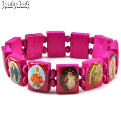 Wooden Rosary Bracelet - Elastic Colored Bead Catholic Prayer Bracelet with Jesus and Saint Design