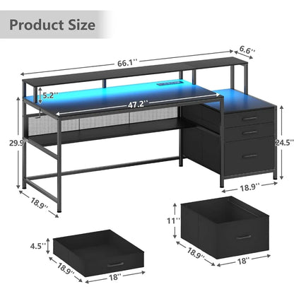 66" Computer Desk with LED Lights & Power Outlets – Home Office Desk with 3 Drawers, Storage Shelf & Gaming Desk