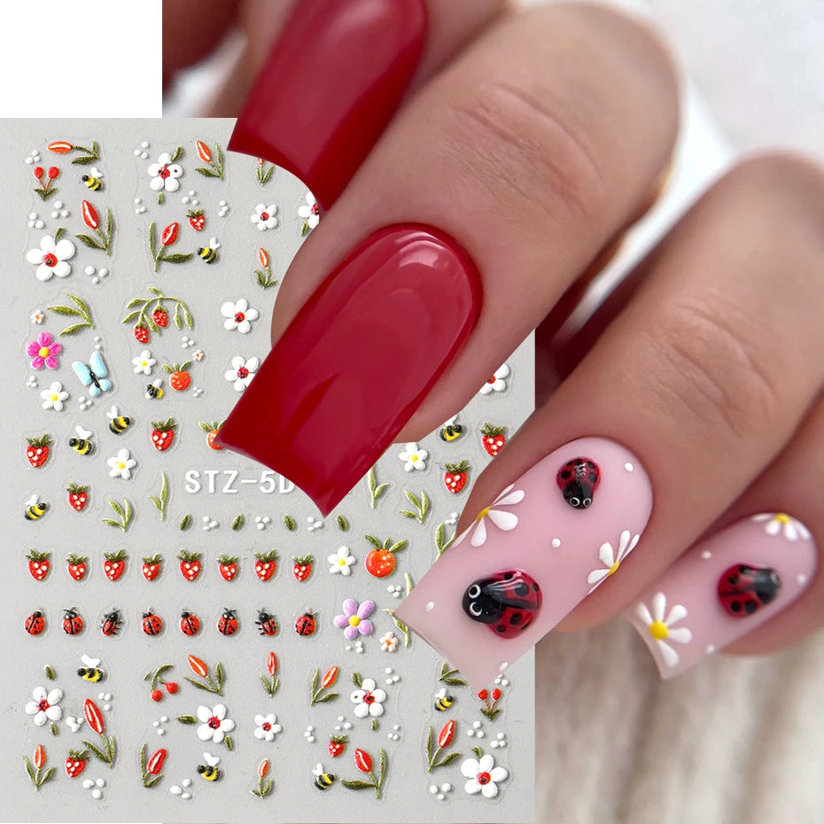 3D Kawaii Ladybug Nail Stickers - Embossed Daisy Flower DIY Decals for Spring, Wedding & Floral Nail Art