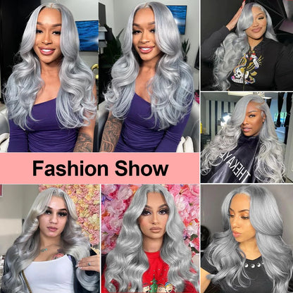 13x6 Silver Grey Body Wave Lace Front Wig – 100% Human Hair, Preplucked 13x4 Lace Frontal Brazilian Wig, 36 Inch