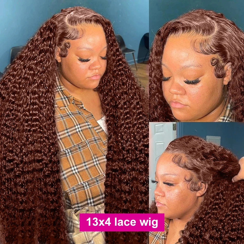 30–40 Inch Reddish Brown Human Hair Wig – 13x6/13x4/13x7 HD Lace Frontal, 250% Density Colored Deep Wave Curly Wig