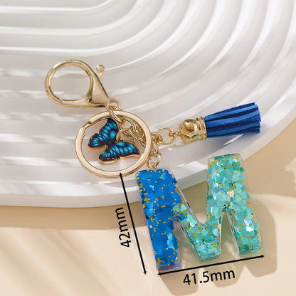 Royal Blue Butterfly Initial Keychain - Alloy Alphabet Letter & Tassel Backpack Charm
