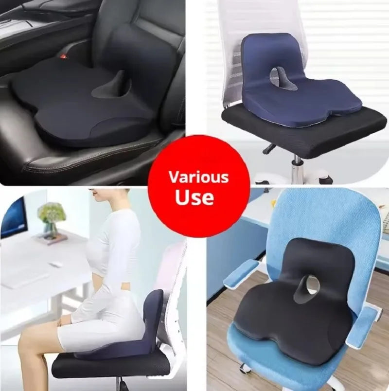 Memory Foam Seat Cushion & Back Support Pillow Set — Orthopedic Ergonomic Coccyx, Hip, and Lumbar Relief for Office Chair & Car
