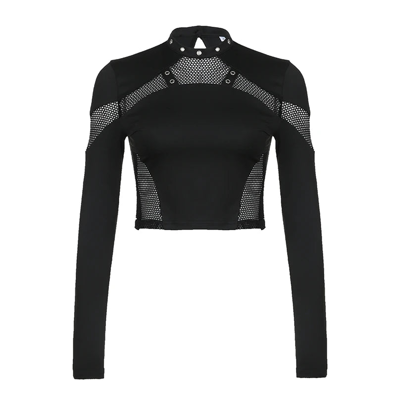 CIBBAR Gothic Black Crop Top - Chic See-Through Mesh Patchwork, Full Sleeve Skinny Basic T-Shirt for Women, Punk Style Stitched