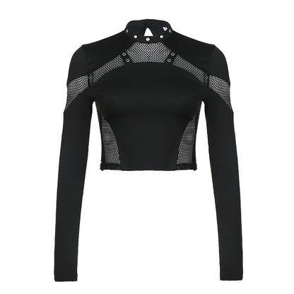 CIBBAR Gothic Black Crop Top - Chic See-Through Mesh Patchwork, Full Sleeve Skinny Basic T-Shirt for Women, Punk Style Stitched