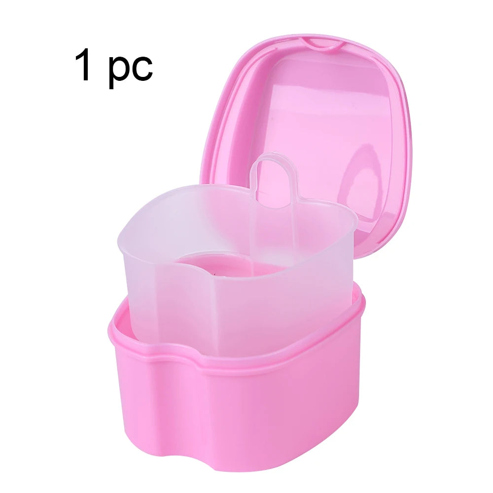 Denture Cleaning & Storage Box - False Teeth Organizer with Hanging Net for Dental Appliance Soaking and Care