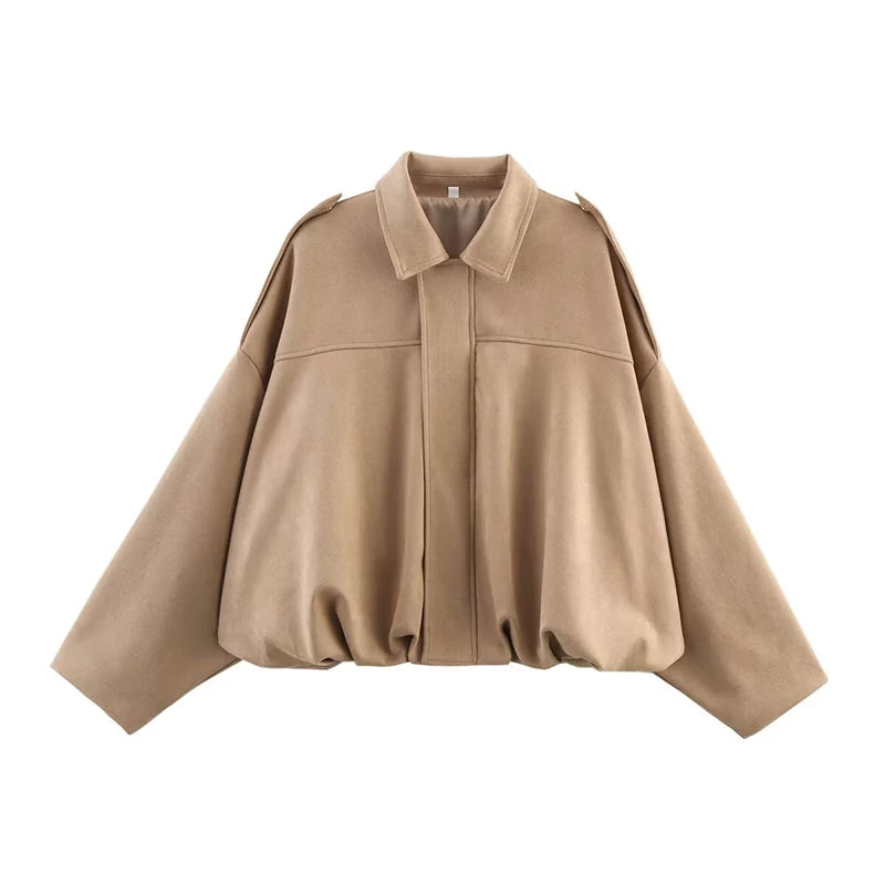 Women's Vintage Bomber Jacket Coat – Turn-Down Collar Long Sleeve Loose Fit Chic Fashion Outerwear