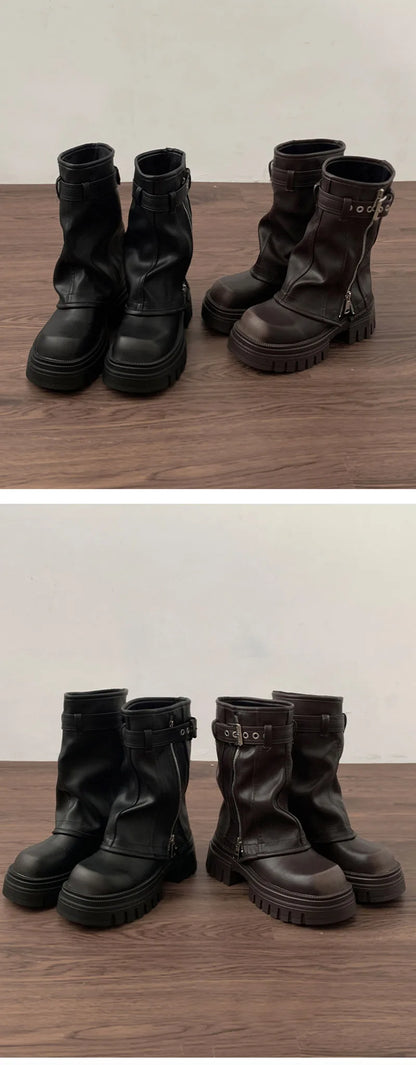 Women’s Winter Biker Boots – Fashion Belt Buckle Platform Short Booties, Casual Knight-Style Flats