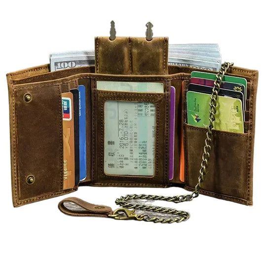 Men’s Genuine Leather Short Wallet with Chain – Trifold Zipper Clutch, Card Holder & Coin Purse