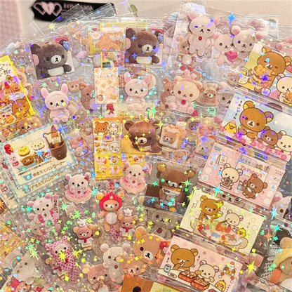 5pcs Hello Kitty Rilakkuma Cartoon Die-Cut Stickers, Cute Kitty Cat Flashing Laser Stickers, Anime Handbooks Material Stickers