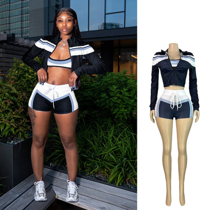 2025 Trending Women’s Summer 3-Piece Tracksuit – Color Block Sports Bra, Jacket & Shorts Gym Workout Set