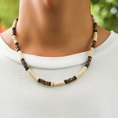Men’s Summer Beach Wooden Bead Necklace – Handmade Tribal Surfer Jewelry with Geometric Steampunk Design
