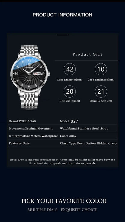 POEDAGAR Luxury Men's Watch — Waterproof Luminous Quartz Wristwatch with Date & Week, Stainless Steel Sports Fashion