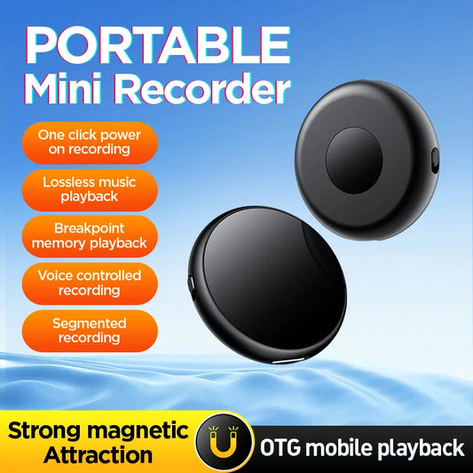 64-128GB Mini Magnetic Voice Recorder — Professional Sound-Activated Digital Audio Dictaphone with Noise Reduction & MP3 Playback