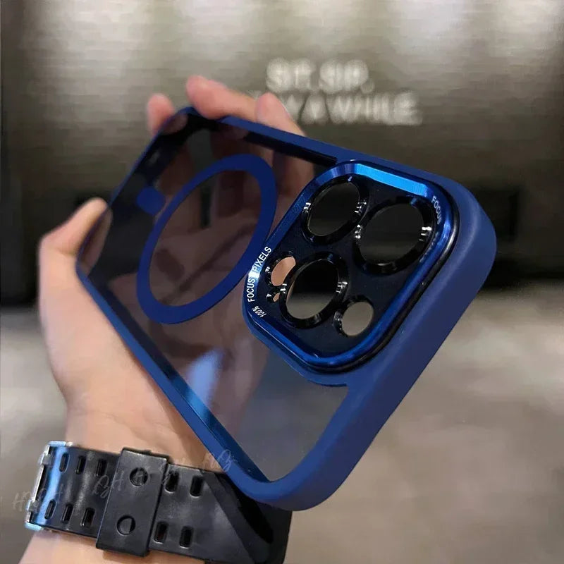 Luxury Magnetic Metal Lens Case – Hard Clear Protective Cover for iPhone 16, 15, 14, 13, 12, 11 Pro Max with Wireless Charging
