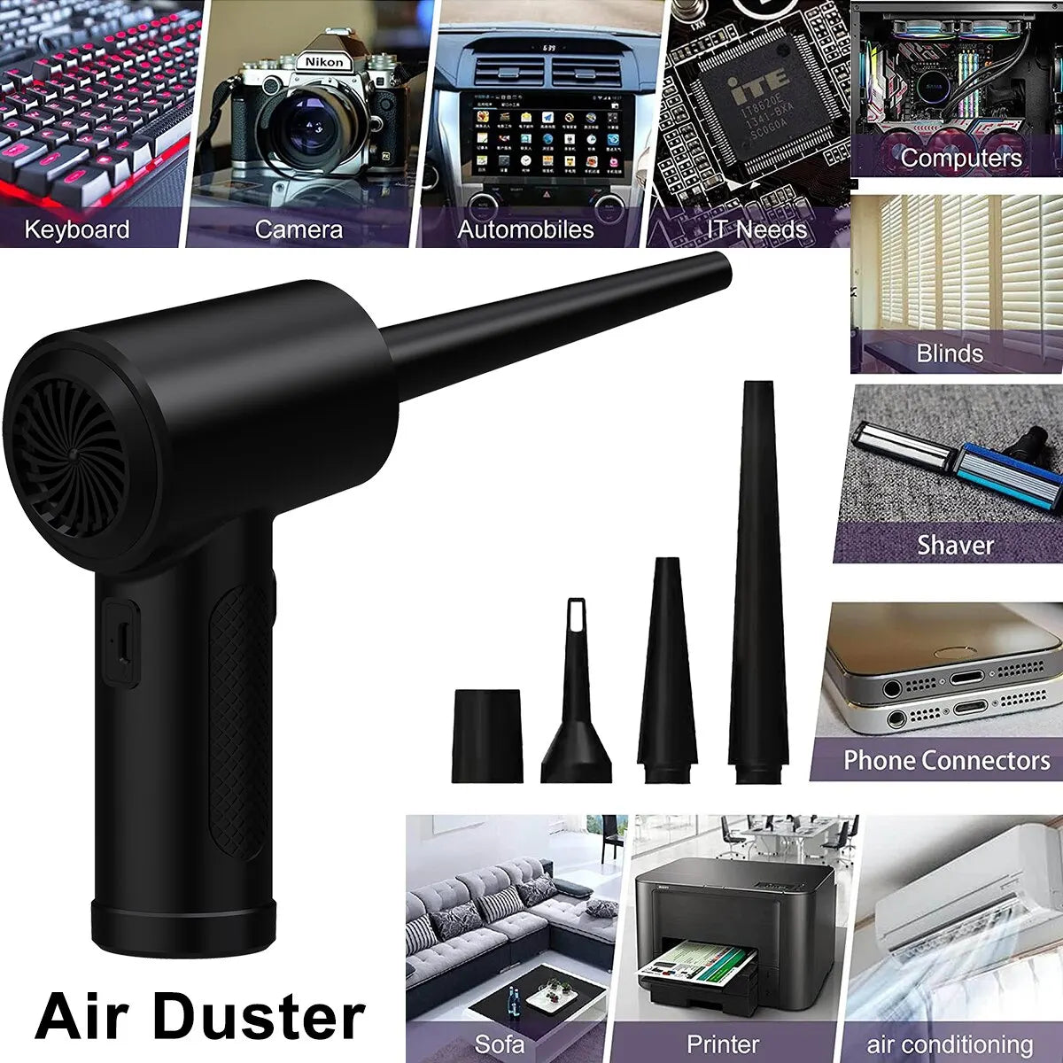 Compressed Air Duster for Computers - Portable Cordless Air Blower with LED Light for PC Keyboard, Car, and Cleaning