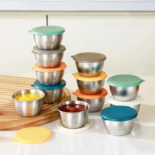 1/6-Piece Stainless Steel Salad Dressing Containers – 80ml Leakproof Cups with Silicone Lids for Lunch & Picnic