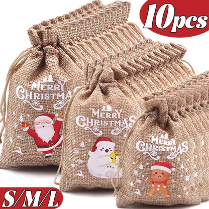 Christmas Linen Drawstring Bags – Cartoon Santa & Snowman Candy Gift Pouches for Xmas Party Packaging