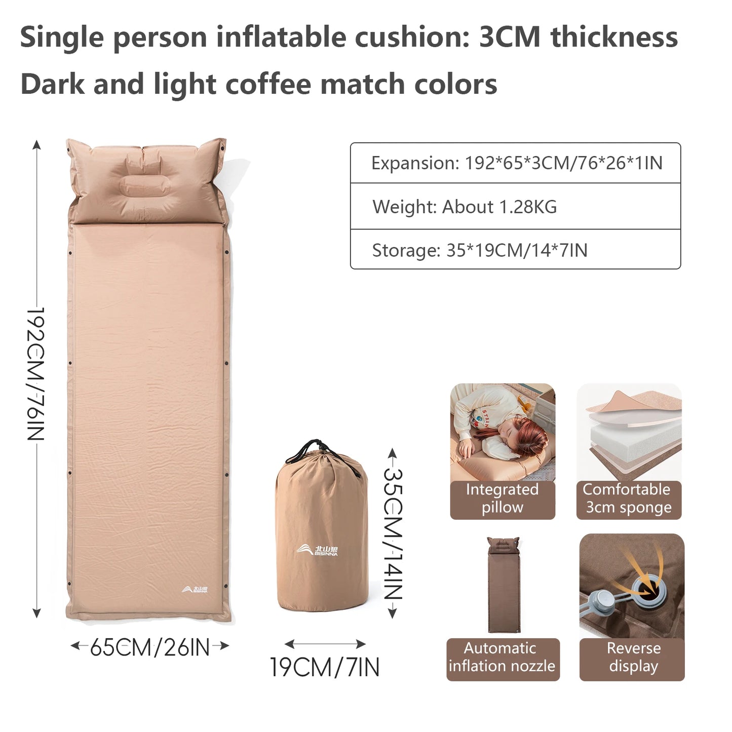 BISINNA Outdoor Self-Inflating Mattress – Ultralight Camping Inflatable Sleeping Pad for Travel, Hiking & Picnic