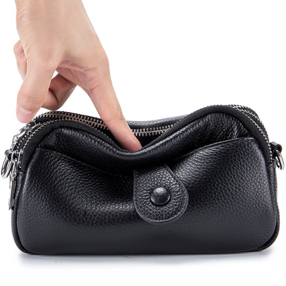 Real Leather Women’s Shoulder Bag - Mini Crossbody Purse with Three Zipper Pockets