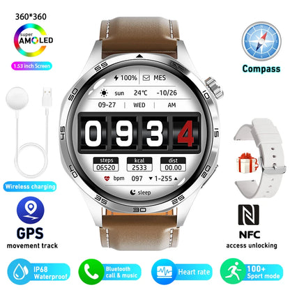 2025 GPS NFC Smartwatch for Men – 360x360 AMOLED HD Screen, Bluetooth Call, Waterproof, Compatible with Huawei Watch 5 Pro