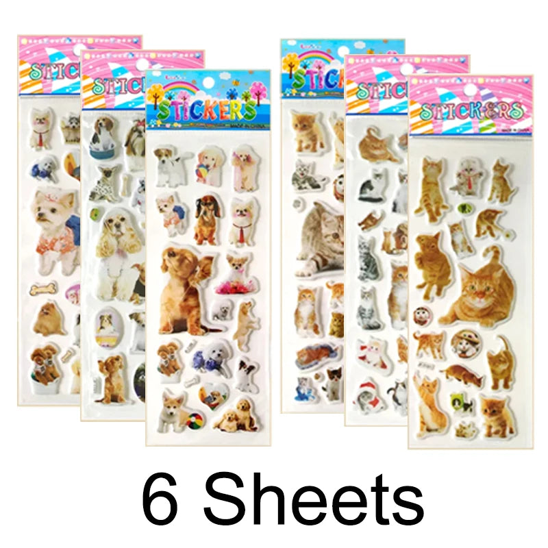 3D Dog & Cat Stickers 6 Sheets - Cute Pet Car Decals Scrapbook Reward Stickers for Kids Gifts