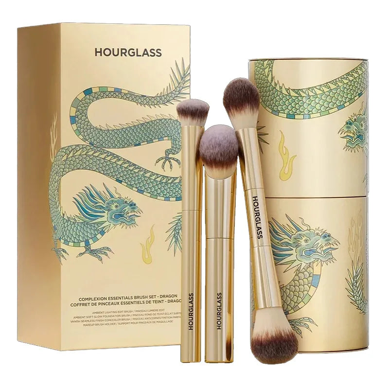 3pcs Hourglass Makeup Brush Set - Powder Foundation Blush Concealer Brushes with Dragon Storage Case