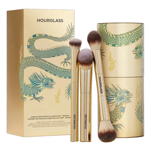 3pcs Hourglass Makeup Brush Set - Powder Foundation Blush Concealer Brushes with Dragon Storage Case