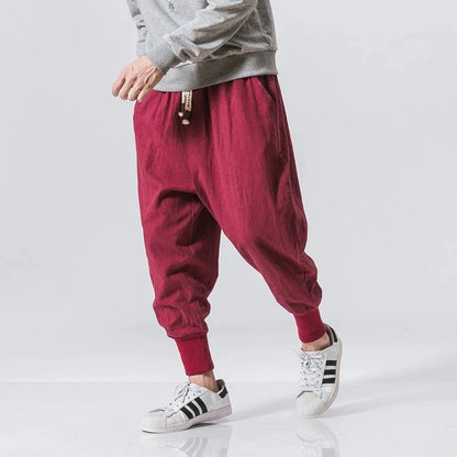Men’s Cotton Linen Harem Pants – Solid Color Baggy Drop-Crotch Joggers with Elastic Waist Casual Streetwear Trousers