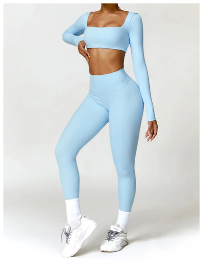 Hearuisavy 2PCS Long Sleeve Gym Set for Women, Quick-Drying Yoga Clothes, Sportswear, Running Leggings, Workout Sports Crop Top