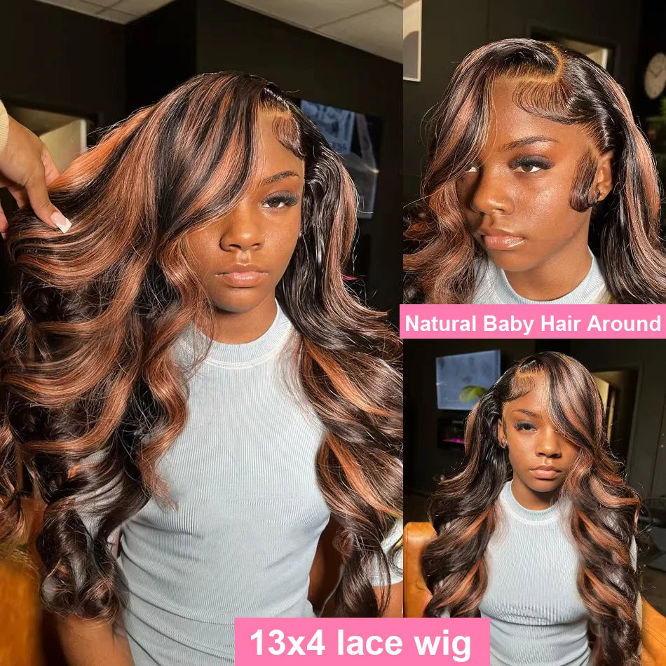 30 Inch Brazilian Body Wave Highlight Ombre Wig – 13x4 Lace Front, 1B/30 Black Brown Human Hair Wig for Women